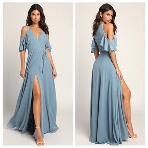 Lulus Easy Listening Slate Blue Cold-Shoulder Wrap Maxi Dress